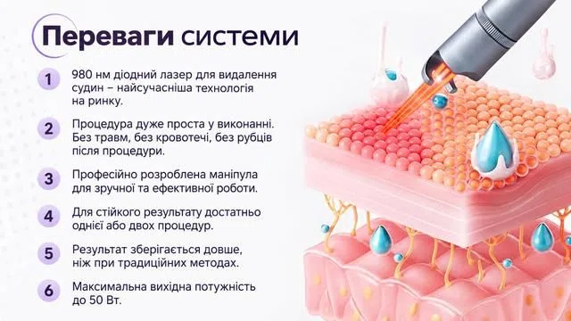 Інфографіка лазера 980 нм зі схемою впливу на судину.